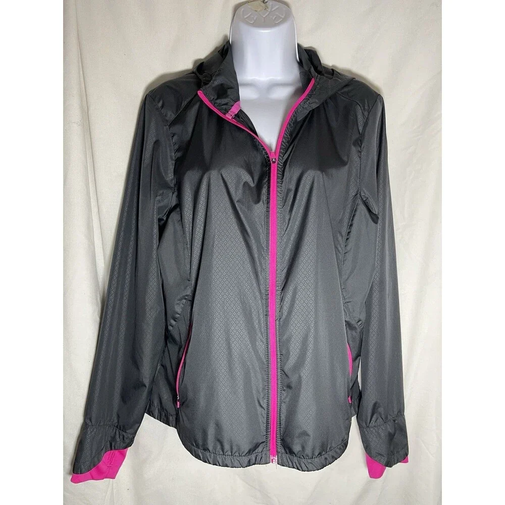 Danskin Now Women's Hooded Windbreaker Jacket Size L (12-14) Gray Pink Athletic